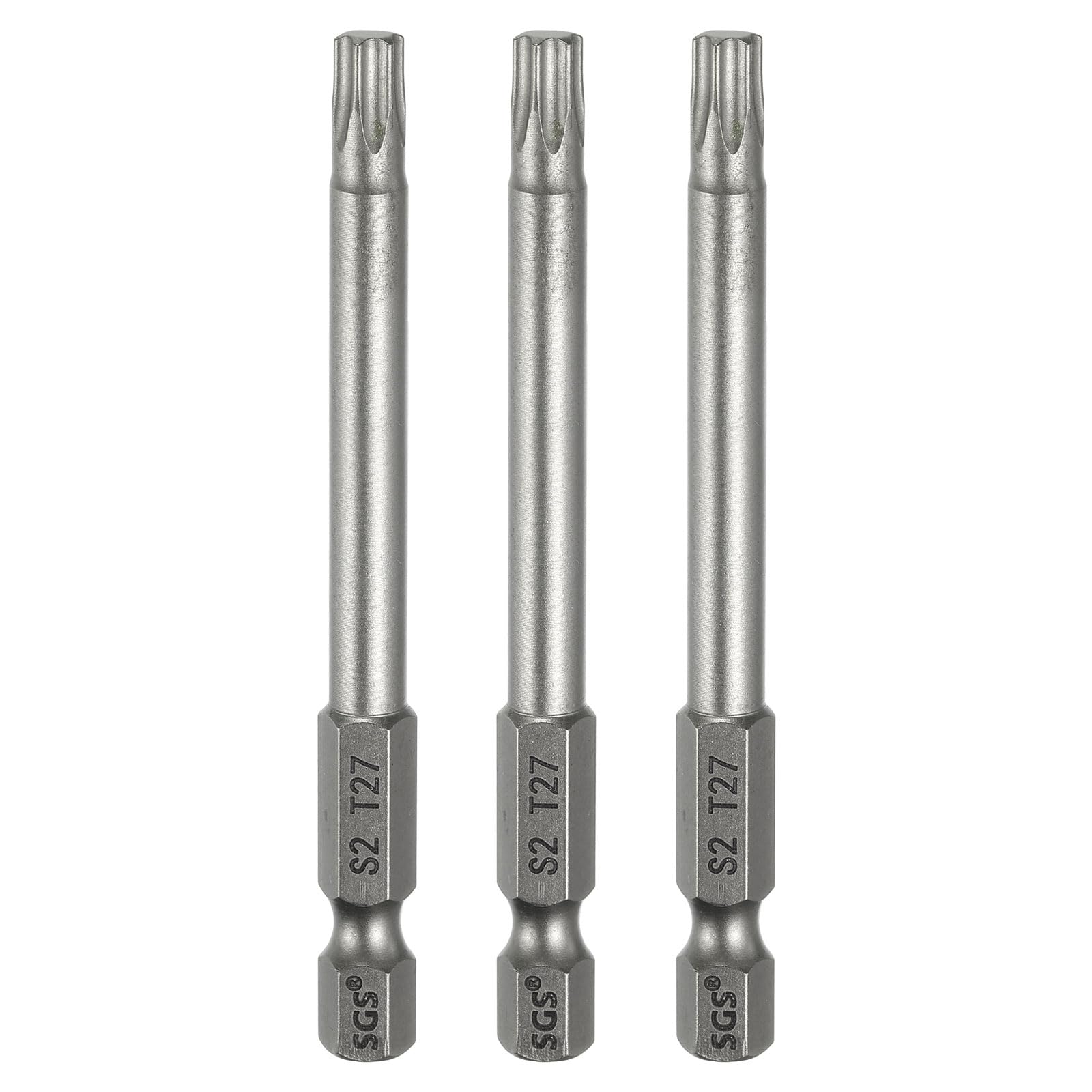 sourcing map 3pcs T27 Torx Head Screwdriver Bit 1/4" Hex Shank 3" (75mm) Long Magnetic No Hole Tip Tamper Proof 6 Point Star Screw Driver Drill Bits S2 Steel Industrial Power Screwdrivers