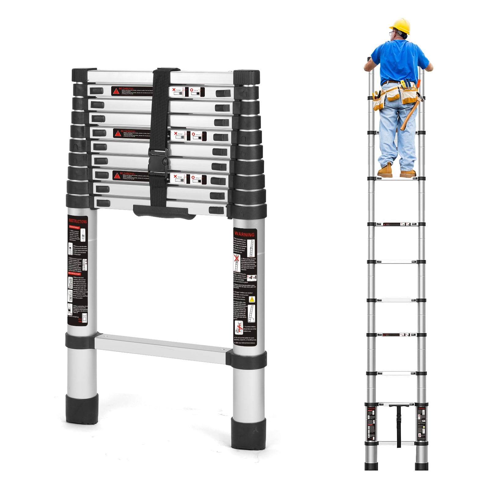 10.5 FT Telescoping Ladder, Lightweight Aluminum Telescopic Extension Extendable Ladder with Stabilizer Bar, Heavy Duty RV Ladder, Slow Down Design Multi-Purpose Ladder for Household Daily or Hobbies