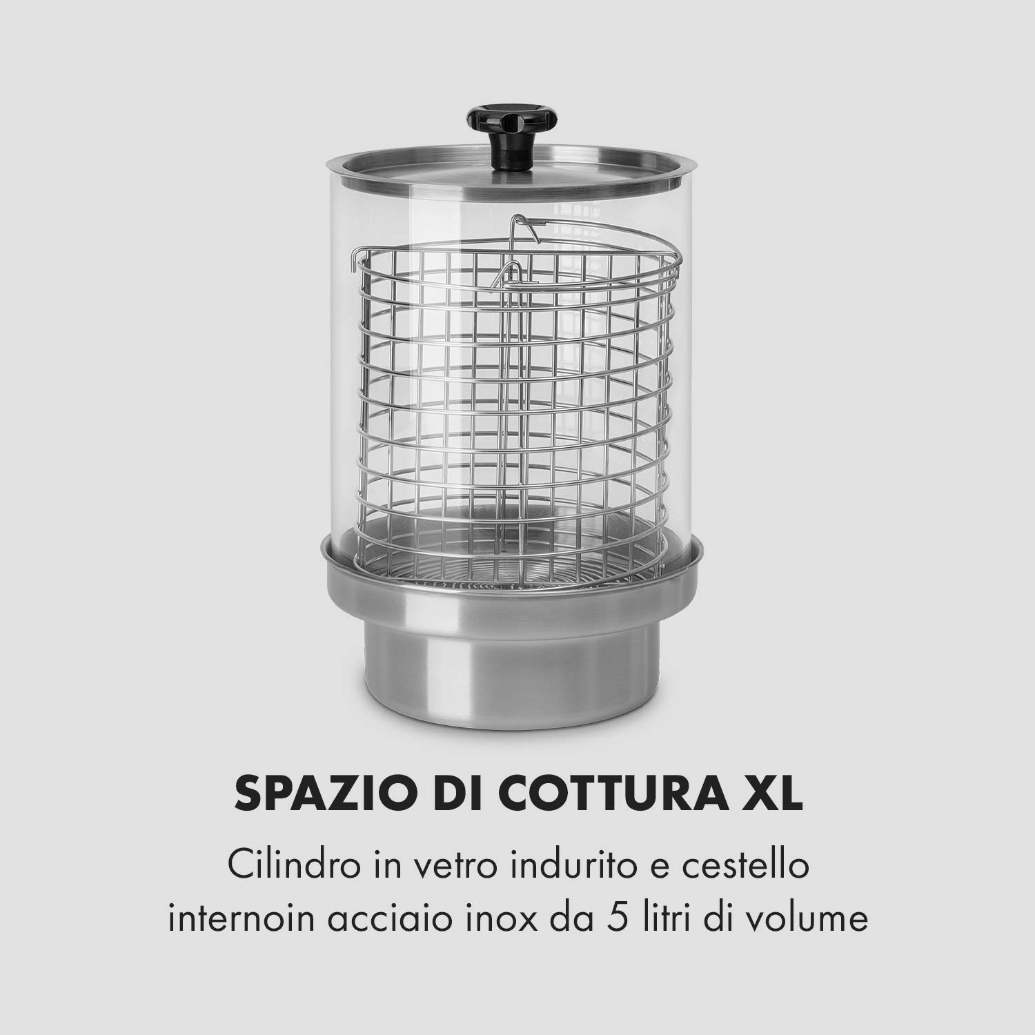 KLARSTEIN Pro Wurstfabrik 450 - Hot Dog Maker, 450 Watt, 30-100 °C, Cilindro in Vetro: Ø 20 cm, Gabbia in Acciaio Inox Suddividibile: Ø 17 cm / 5 litri, Acciaio Inox, Serbatoio: 1,1 L, Argento