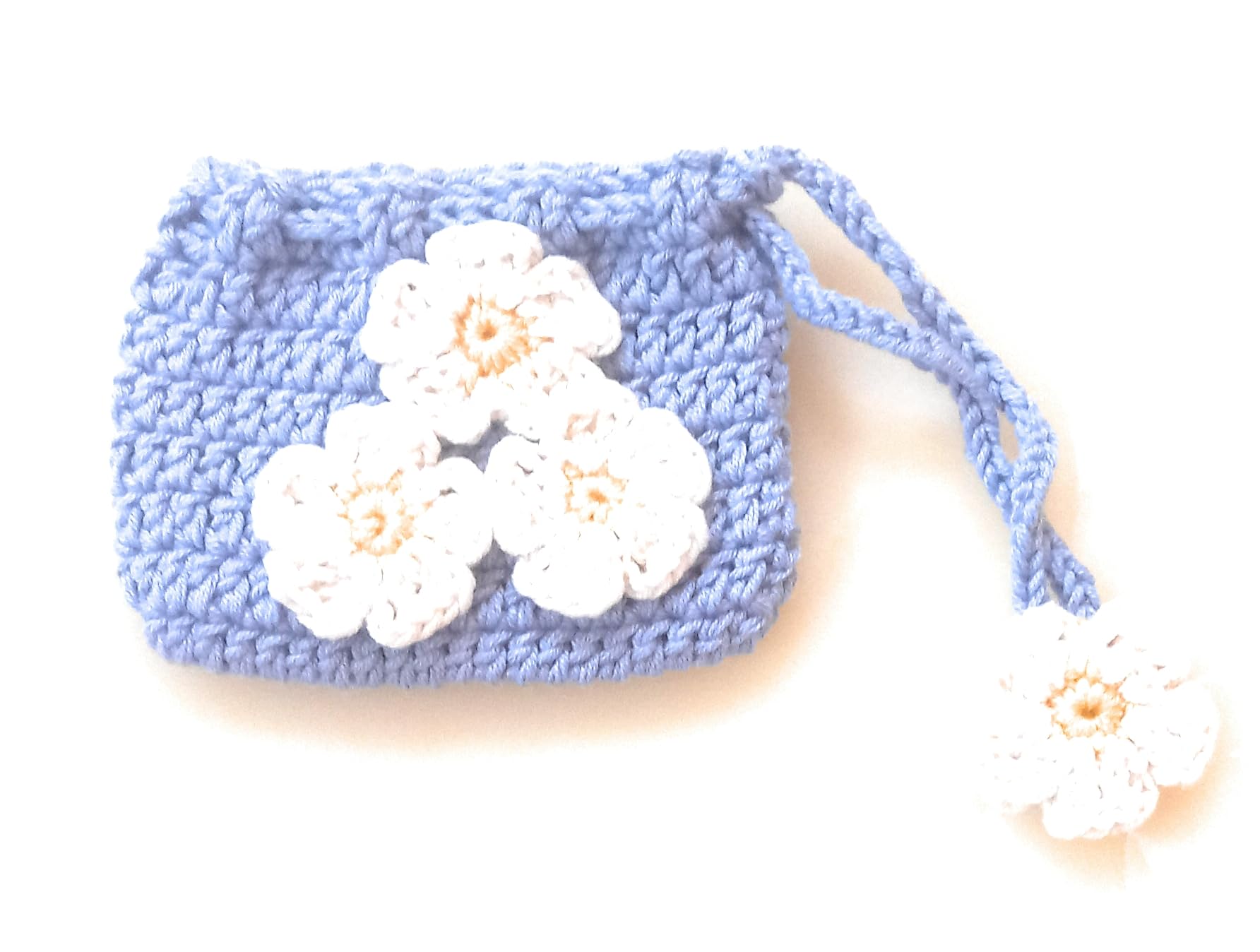 Handmade Crochet pouch with Daisy Flowers, Light Blue and White, Knitted Hair Accessory-picture-50