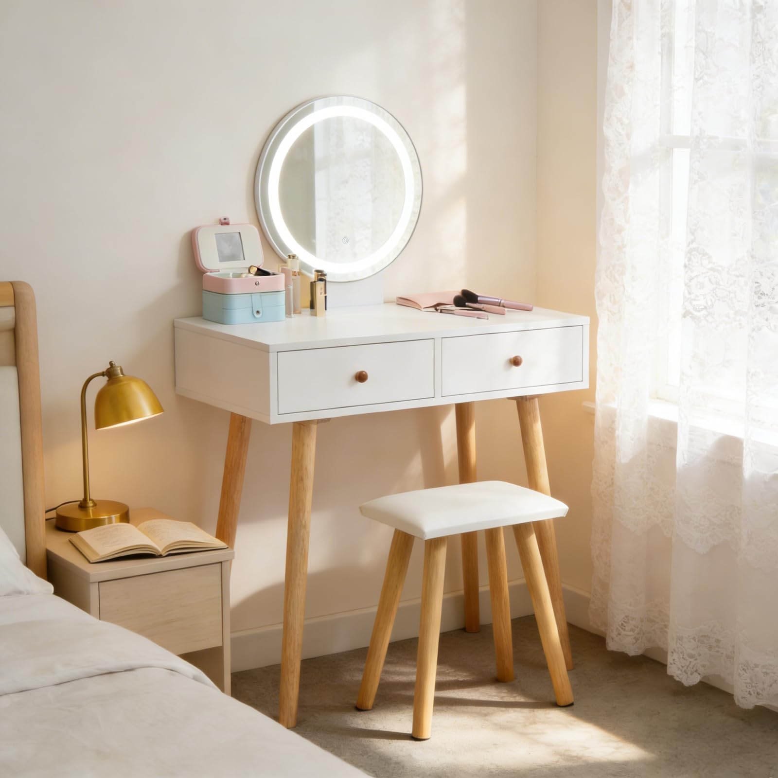 TUKAILAi Tocador Blanco con LED de Brillo Ajustable, Luces táctiles, Espejo, Taburete y 2 cajones, Juego de tocador, Mesa de Maquillaje, cosméticos, tocador, Muebles de Dormitorio