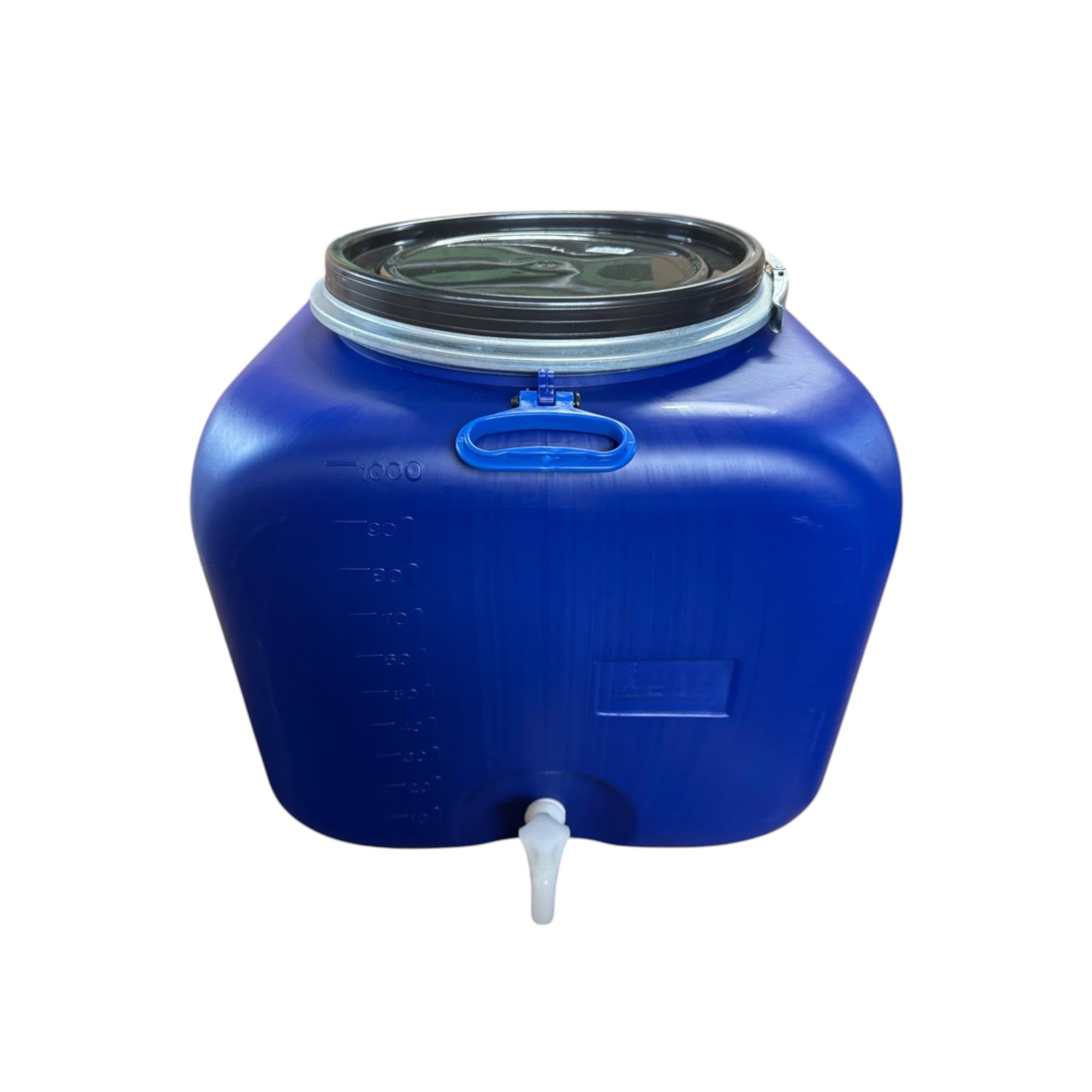 Jordan & Jordan — Bidon Cube 100L Bleu PEHD — 50×50×50cm — Ouverture Ø34cm Cerclage Levier + Robinet — Eau, Aliments — Certifié Alimentaire
