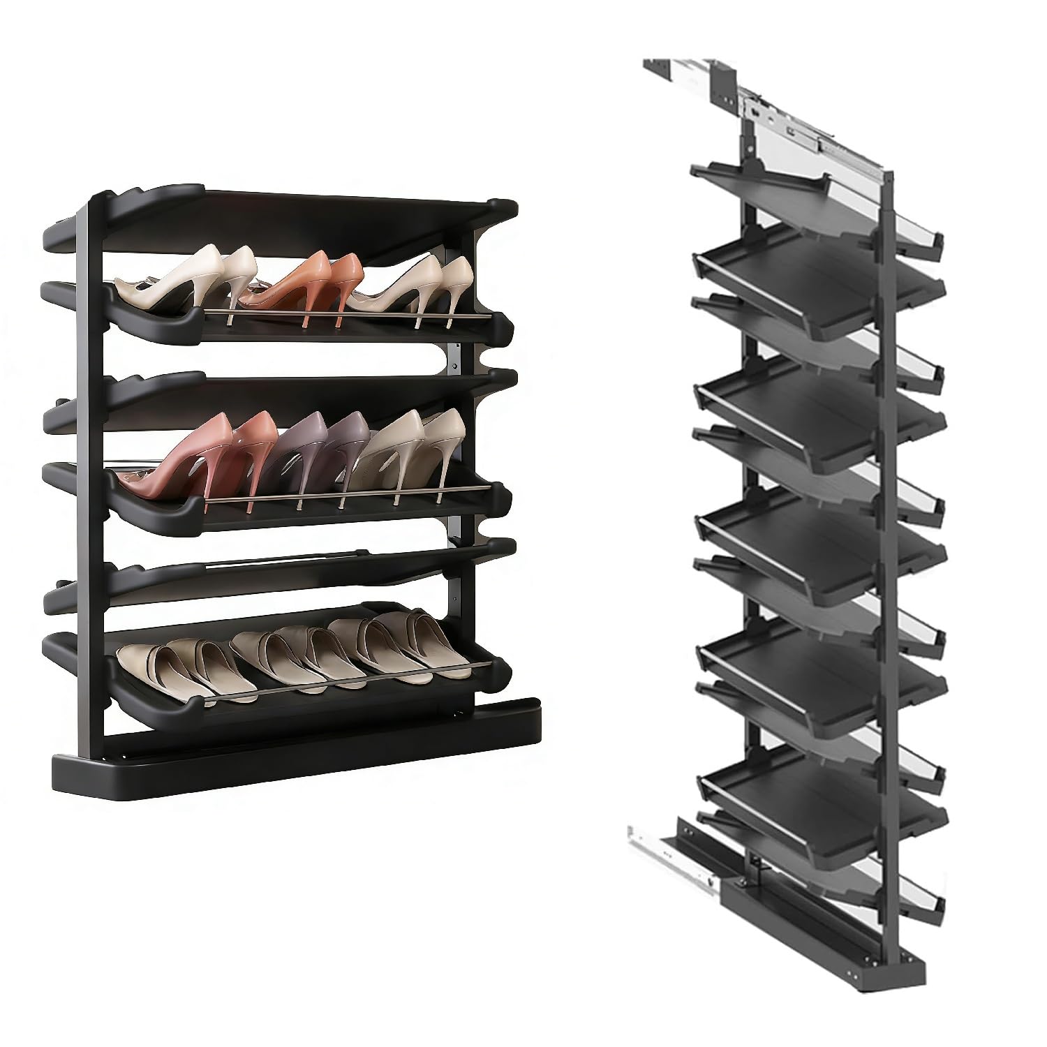 Pull-Out Shoe Rack Organizer, Adjustable Height Retractable Metal Stackable Shoe Rack, Retractable Design, Vertical Storage, Maximize Space Utilization Perfect for Bedroom and Entryway