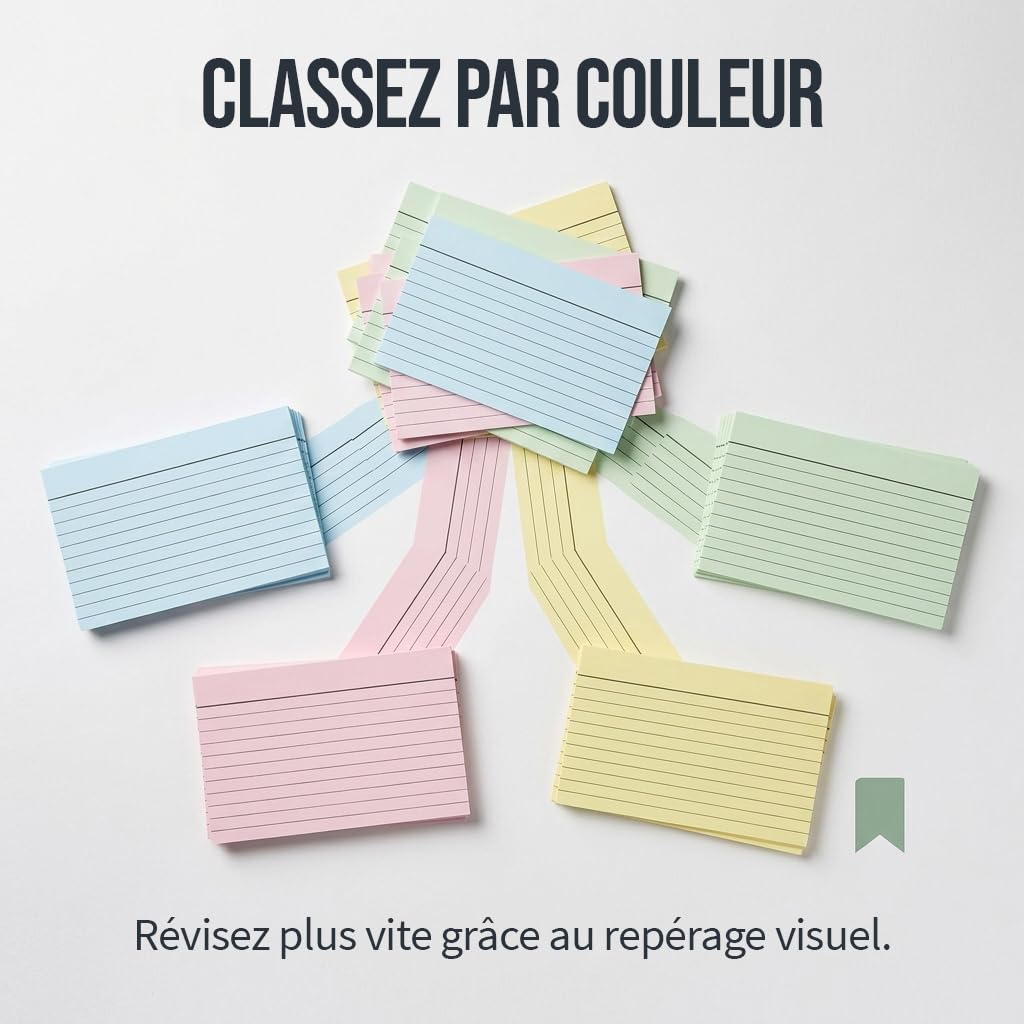 The Paper Shop Fiches de Révision A7 Couleur Lignées - Fiches Bristol Flash Cards (1000 Fiches) | Cartes Mémoire pour École & Révisions | Index Cards Flashcards 12,7 x 7,6 cm - 1000 Fiches