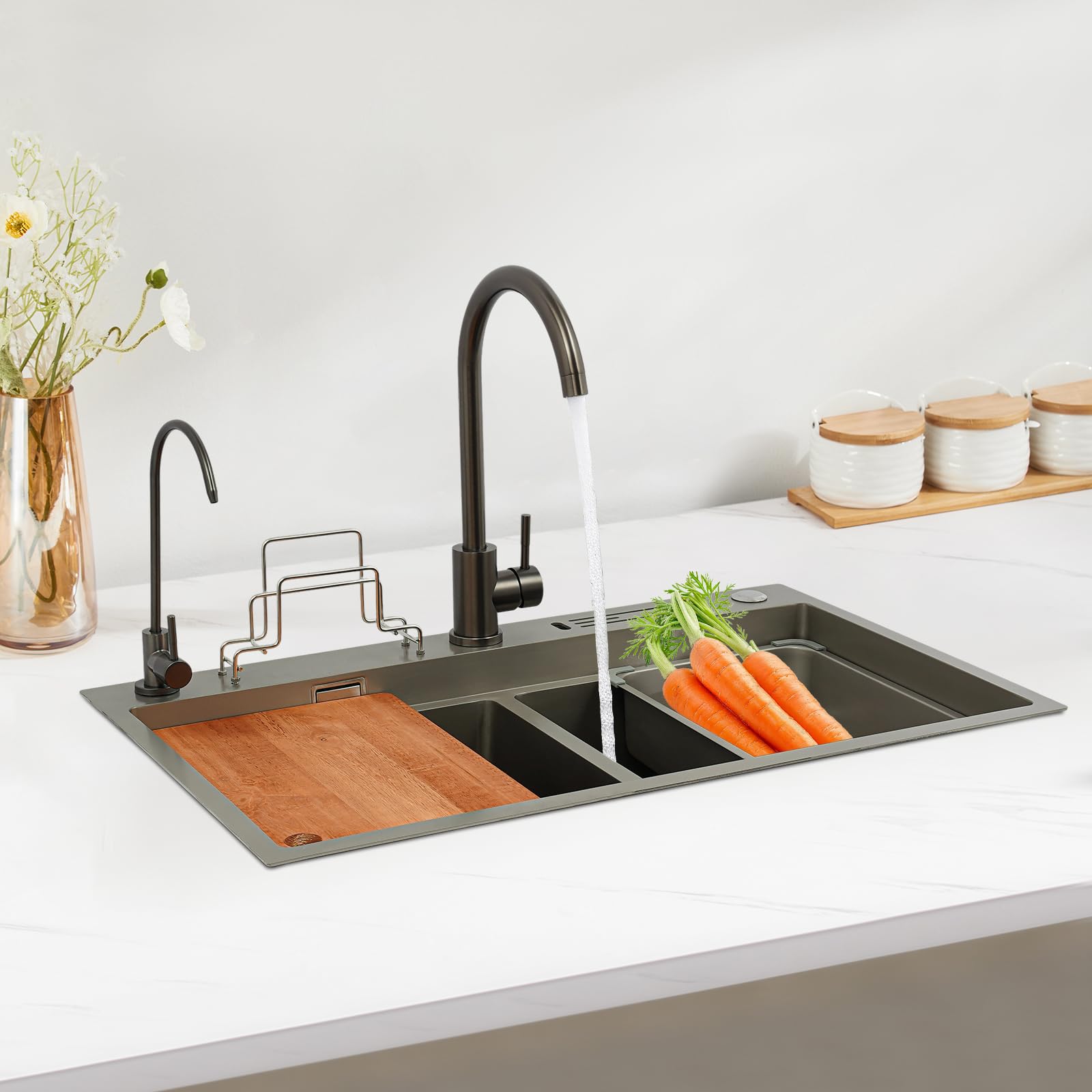 Edelstahl Spülbecken Doppel Spüle, Küchenspüle Auflagespüle mit 2 Becken, Doppelte Küchenspüle mit 2 Wasserhahn, Messerhalter,Schneidebrett, Wasserleitungen (Kanonenmetallgrau, 78x46 cm)