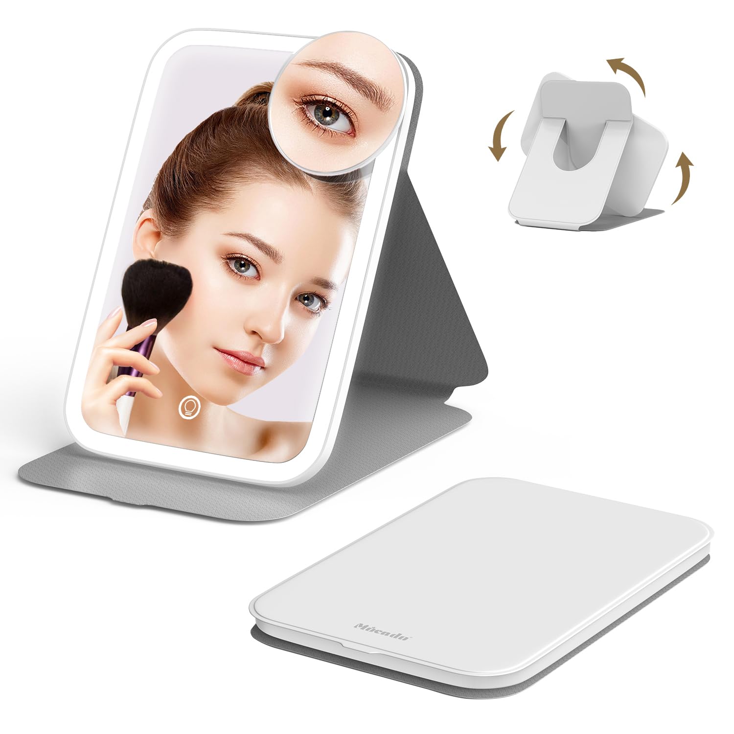 MocadoTravel Makeup Mirro with Lights, 360° Rotation Lighted Makeup Mirror, Portable Mirror with 10x Magnification, 60LEDs 3 Color Lightings, Dimmable Touch Screen, Tabletop Light up Mirror(White)Global Recycled StandardGlobal Recycled StandardGlobal Recycled Standard