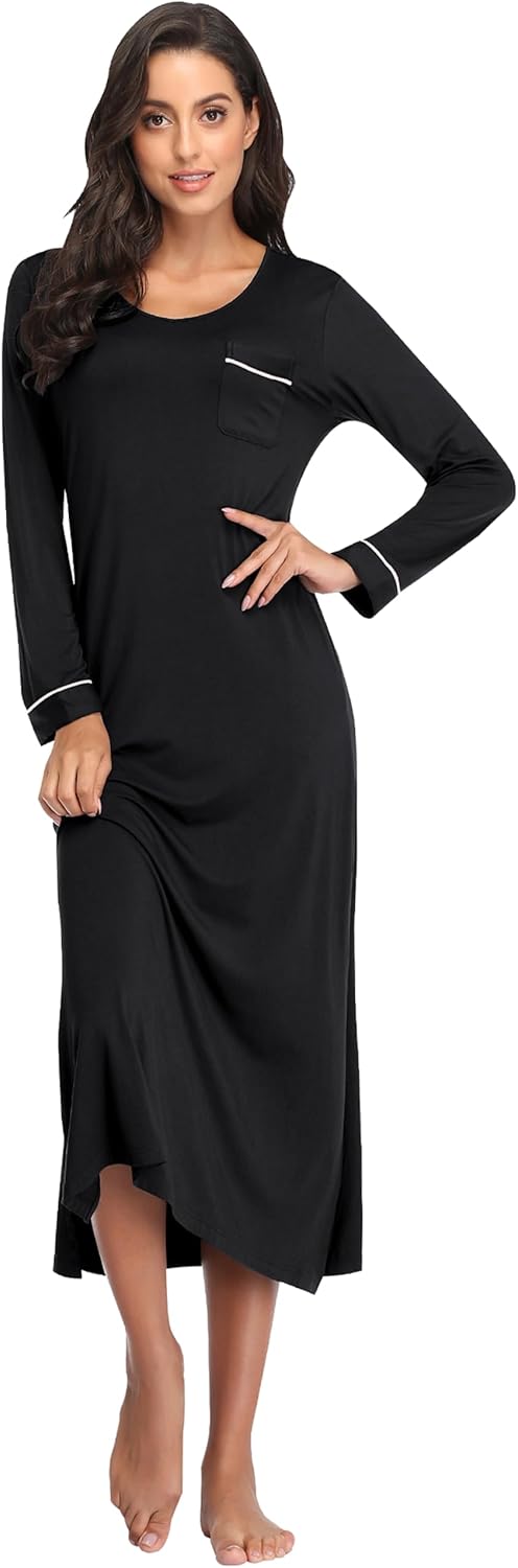 COLORFULLEAF Nightgowns for Women Long Sleeve V Neck Nightshirts Soft Full Length Sleepwear with Pockets - Image 3