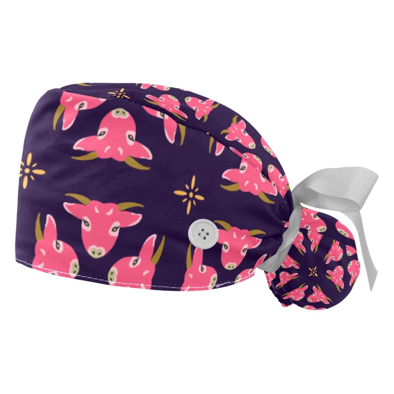 Unisex Colour5 2Pcs Working Cap Cow Bouffant Scrub Turban Caps Tie Back Hats With Button & Sweatband