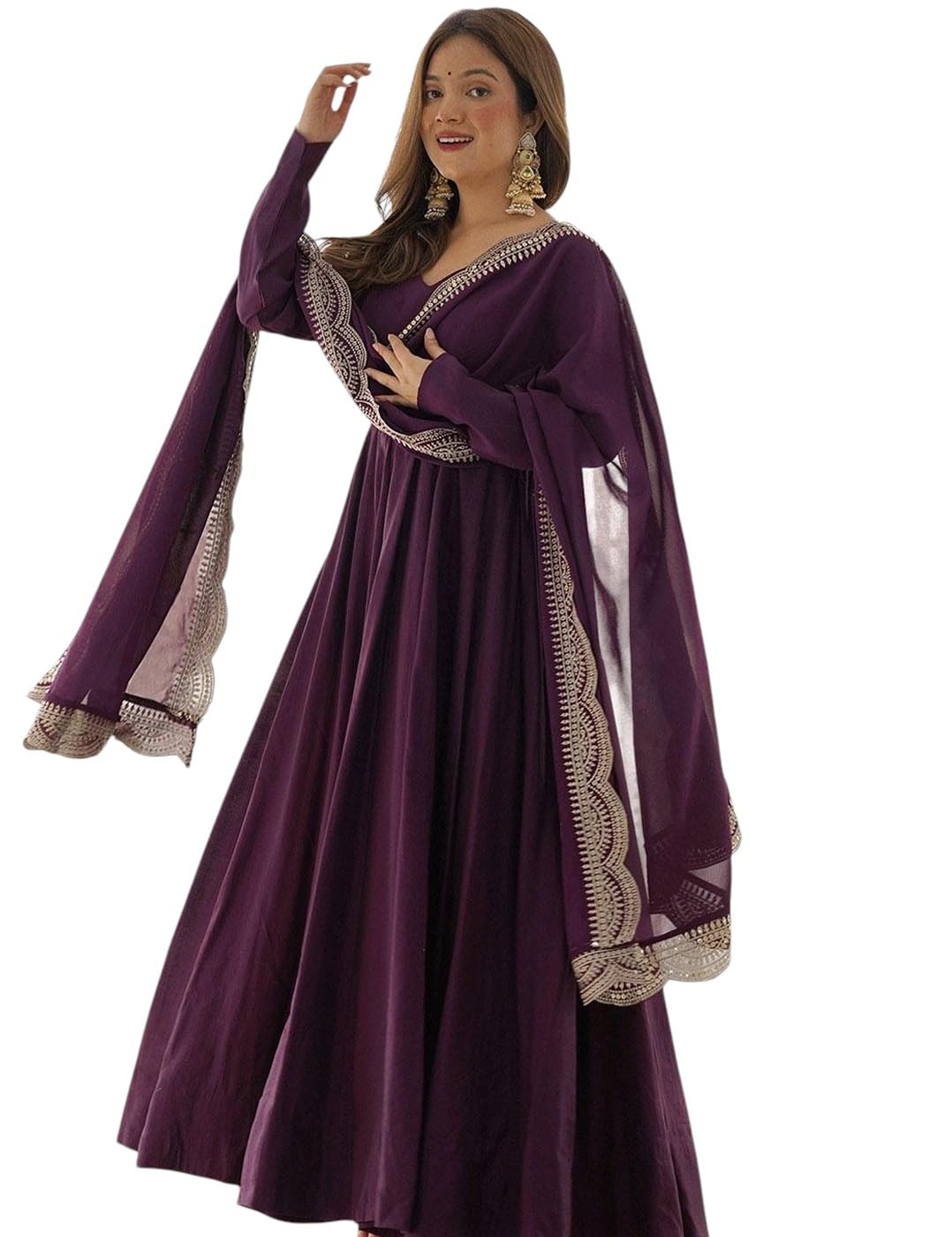 Women's Purple Anarkali Gown with Dupatta, Embroidered Border, Full Sleeve, Ethnic Wear-image-18