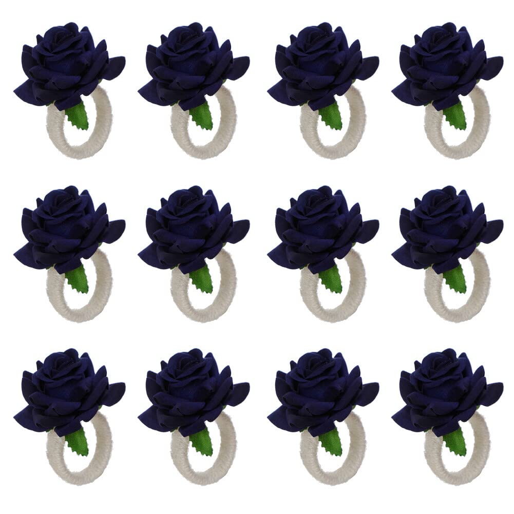 Napkin Rings, 12PCS Rose Napkin Rings Artificial Flower Napkin Holders Napkin Preservation Serviette Buckles Table Napkin Plate Decoration Restaurant Dining Setting (Navy Blue)