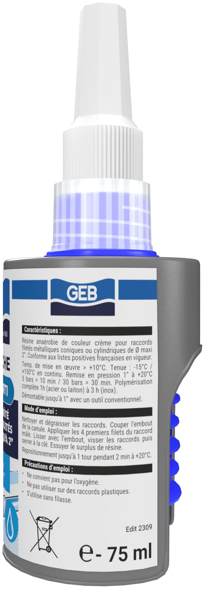 GEB Gebetanche eau potable RT1. Résine d'étanchéitée anaérobie pour raccords filetés métalliques coniques ou cylindriques sur réseaux sanitaires - 75ml