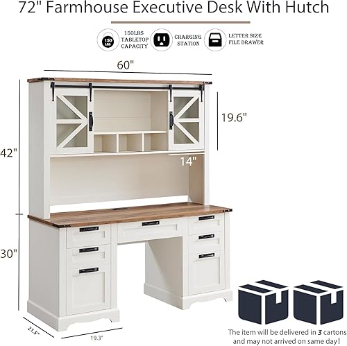 Miniatura 2 de RedLemon Escritorio estilo granja de 60 pulgadas con estantería superior, escritorio ejecutivo de madera para oficina en casa con cajón, estación de