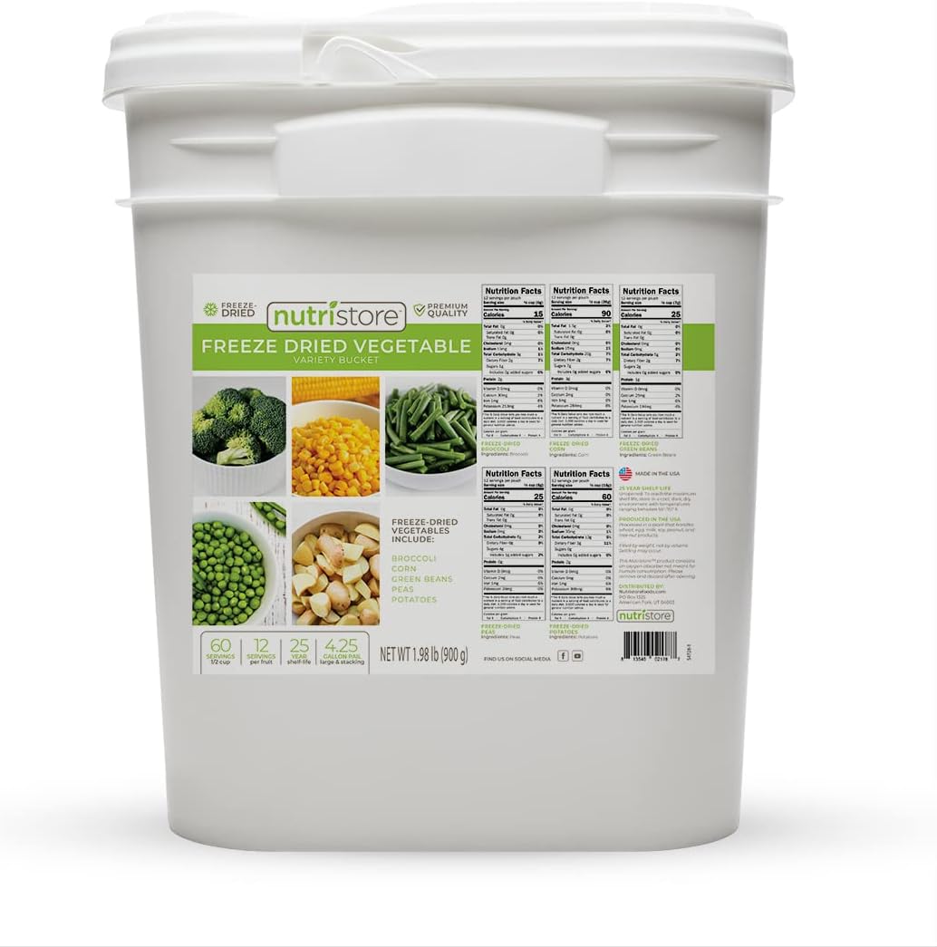 Nutristore Emergency Buckets | Premium Freeze-Dried Vegetables | 25-Year Shelf Life | Made in USA | Emergency Survival Food Supply | 60 Large Servings (Vegetable - Single Bucket)
