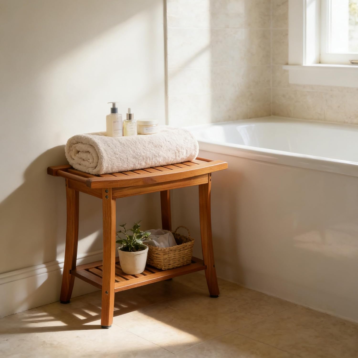 Utoplike Sedile da doccia in teak con maniglie, sgabello da bagno portatile in legno con ripiano per asciugamani, grande panca da doccia impermeabile, perfetto per il bagno e l'uso esterno