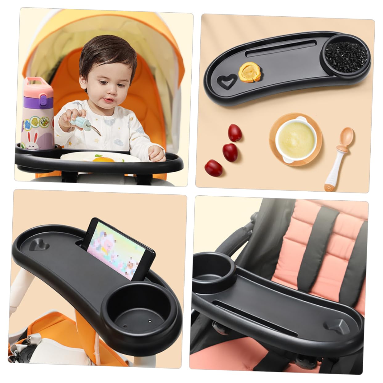 Plateau de Poussette avec Porte-gobelet, en Plastique Noir pour Bébé | Installation Simple et Stable, Facile à Nettoyer, Accessoire pour Poussette et Charriot Bébé