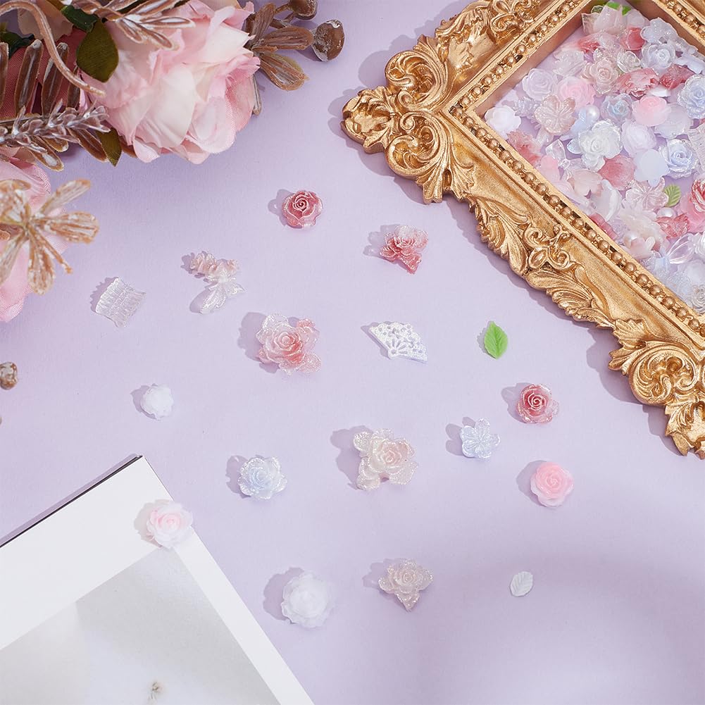 arricraft 250 pcs Décoration de Cabochons pour Ongles en Forme de Rose 5 Styles Fleur Résine Cabochons Remplisseurs Dos Plat Nail Art Décoration pour Femmes DIY Téléphone Mariage Décor Nail Art
