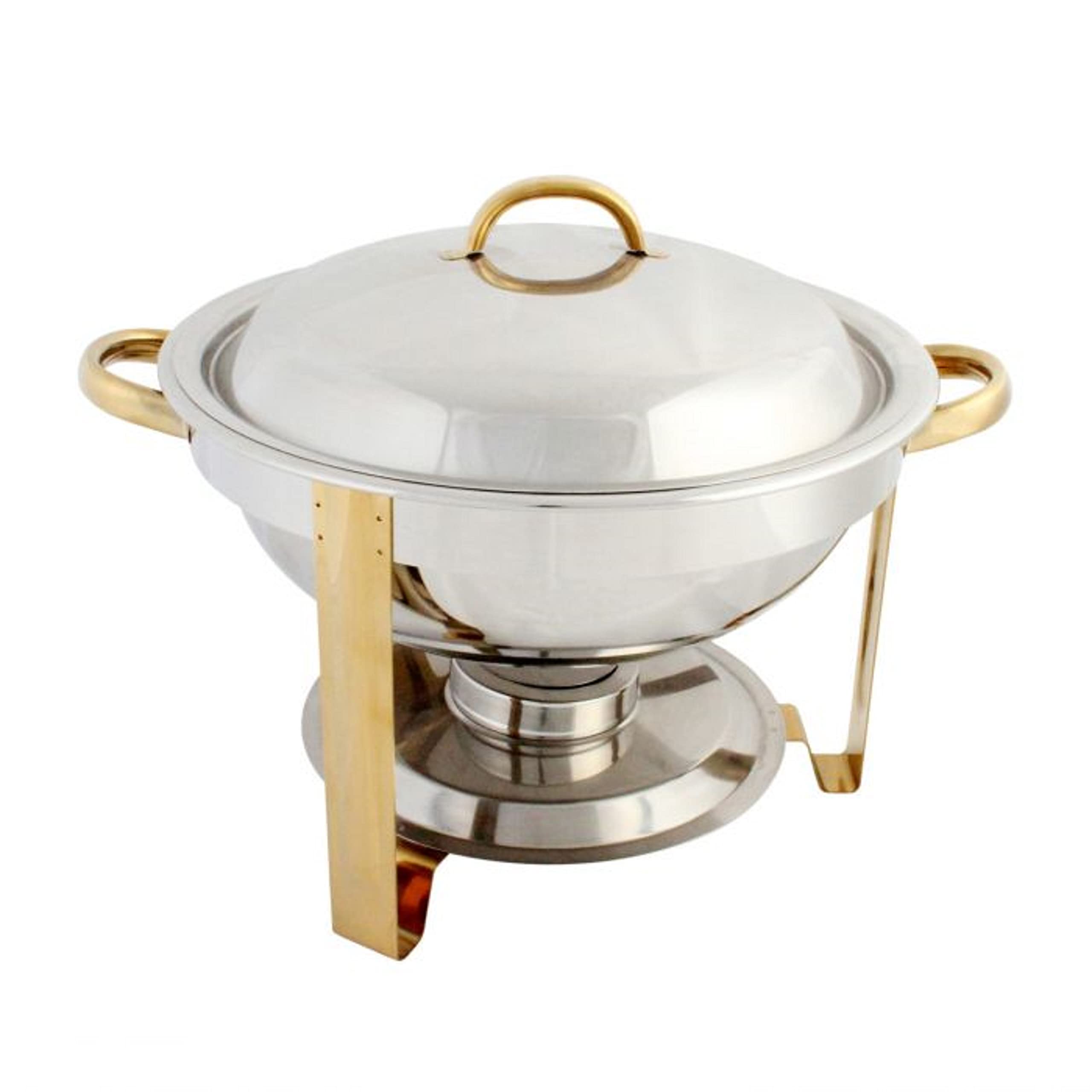 TrueCraftware- 4 Qt. Half Size Stainless Steel Round Gold Accent Chafing Dish Complete Set- Food Warmer Chafers and Buffet Warmer Sets for Catering Event Party Holiday Buffet Weddings Catering