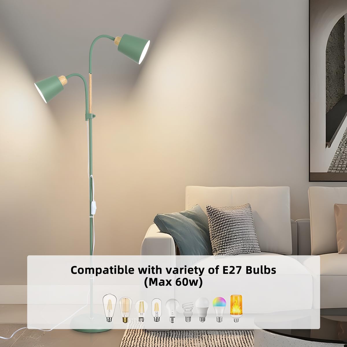 ANTENLICHT Lampada da terra YOYO con luce lettura | E27 max 60W | 2 teste orientabili 360° | Design vintage moderna in metallo per soggiorno | Altezza 159cm verde, senza lampadina