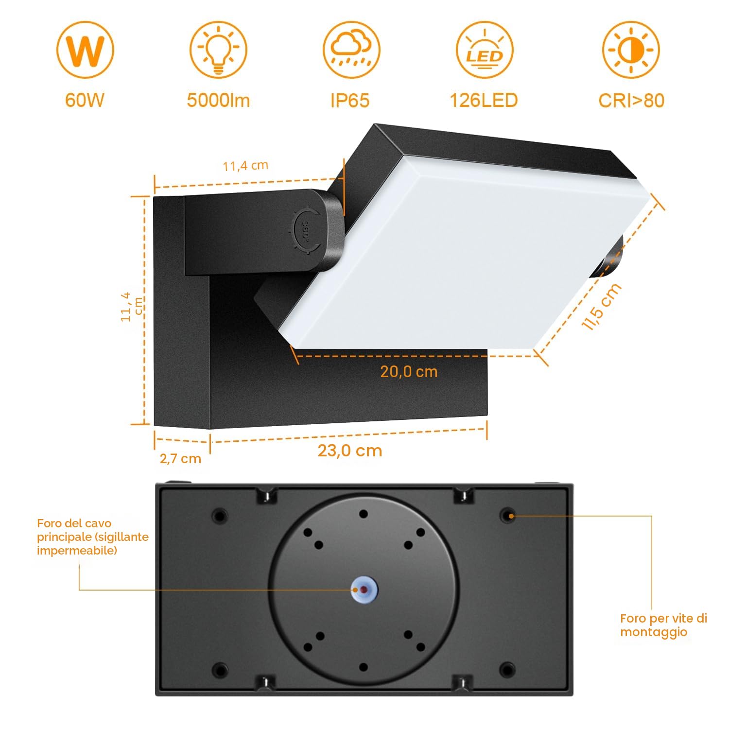 Kingwei 60W 2 Pezzi Applique da Parete Esterno 360° Regolabile 5000 Lumen Lampade da Esterno per Terrazza Garage Giardini, Nero Bianco Caldo 3000K,Applique da IP65 [Classe di efficienza energetica E]