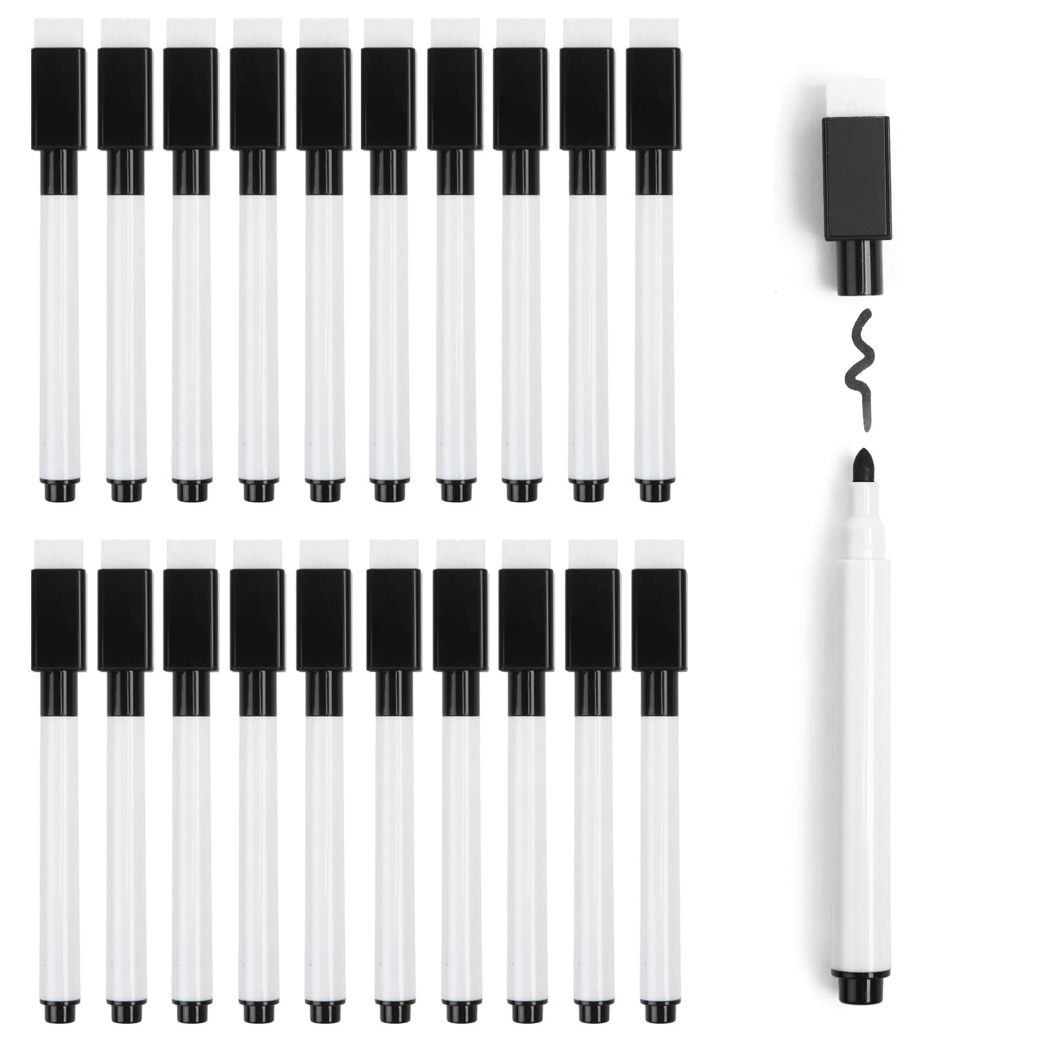 SULOLI Rotuladores Pizarra Blanca Magnetica,20 Piezas Rotuladores Pizarra Blanca con Borrador,Bolígrafo Negro Magneticos Rotulador Pizarra en Seco para Hogar，Escuela u Oficina