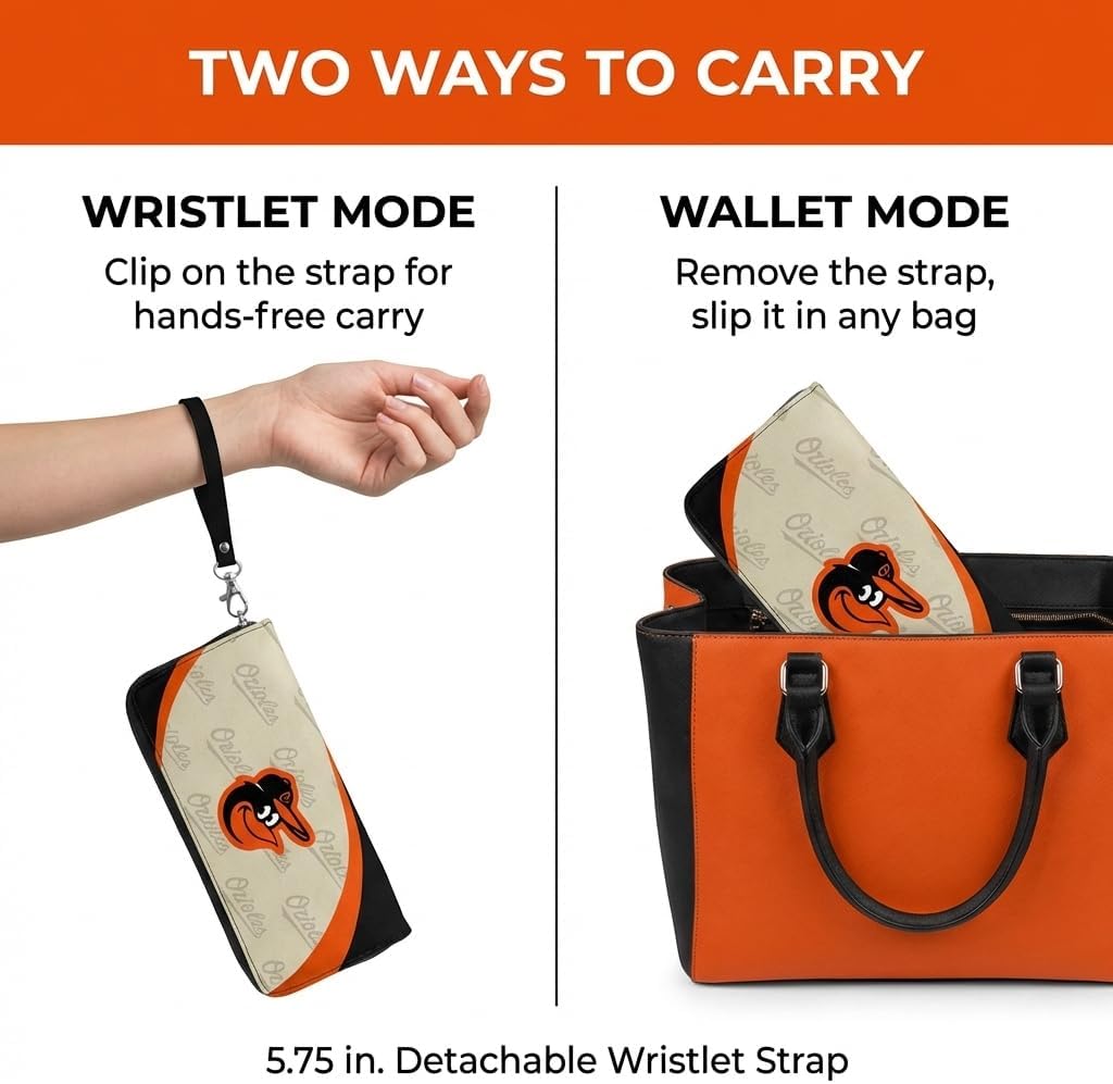 Littlearth MLB Baltimore Orioles Curve Zip Organizer Wallet, Wristlet and Wallet in One, Team Color, 8 x 4 x 1 Inches