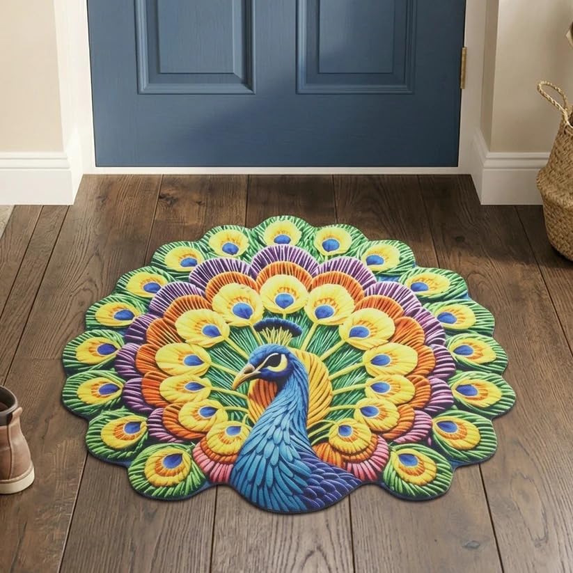 Image of Trendymart Blue Arctic Dream Decore Handmade Peacock Floral Rangoli Mat - Lightweight, Reusable Decorative Floor Mat with Wool Felt Backing (55x 55 cm).