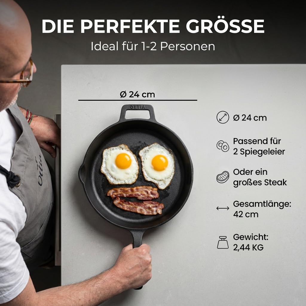 Ottia geschliffene Gusseisenpfanne, bekannt aus dem Fachhandel. Sehr widerstandsfähig und robust. 24cm groß. Bratpfanne aus Gusseisen, Cast Iron Pan, Eisenpfanne, Gusseiserne Pfanne. HH Händer.
