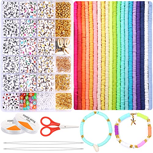 8835 Pcs Clay Heishi Beads Alphabet Letter Beads Flat Beads Jump Rings Charm Gold Beads Flat Pacer Beads Lobster Clasp Earring Hook White Round Pearls Beads for DIY Jewelry Making
