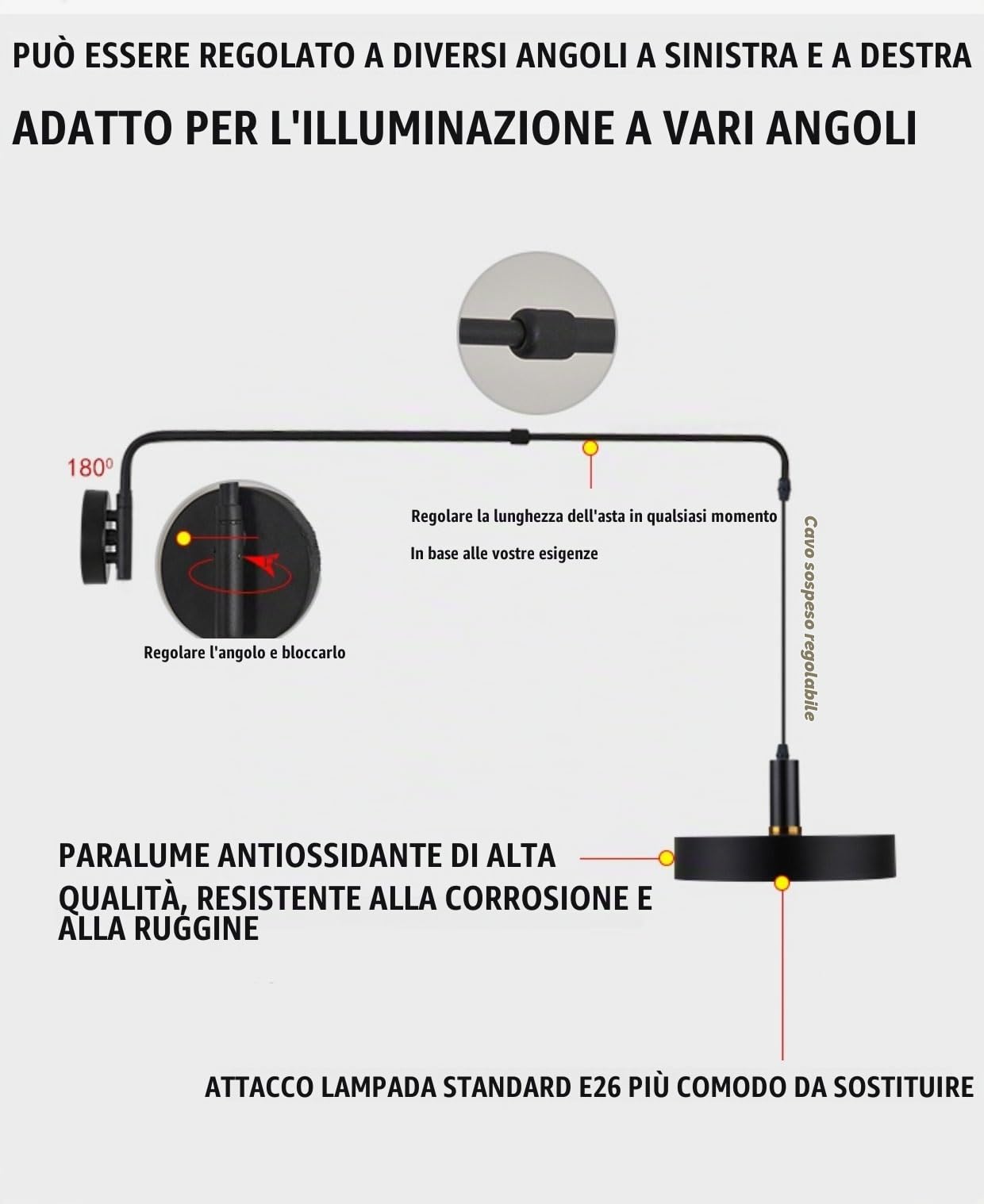 Lampada da Parete Telescopica Rotante Industriale Mi con Braccio Oscillante Lungo A LED Nero, Applique da Parete per Interni, Studio, Comodino, Ristorante, GrandeA Large