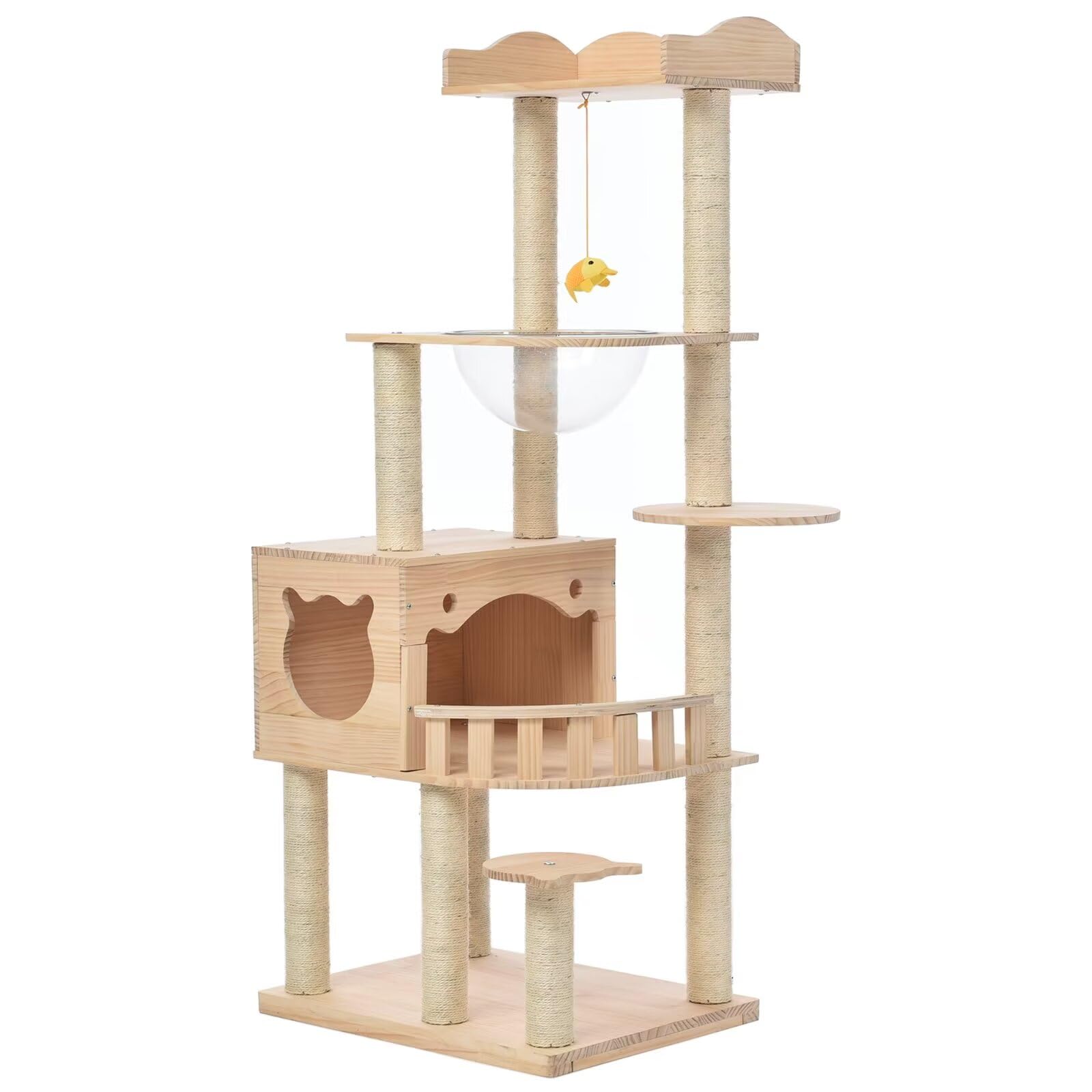 キャットタワー 天然木製 高さ147cm 据え置き 猫用品 ナチュラル