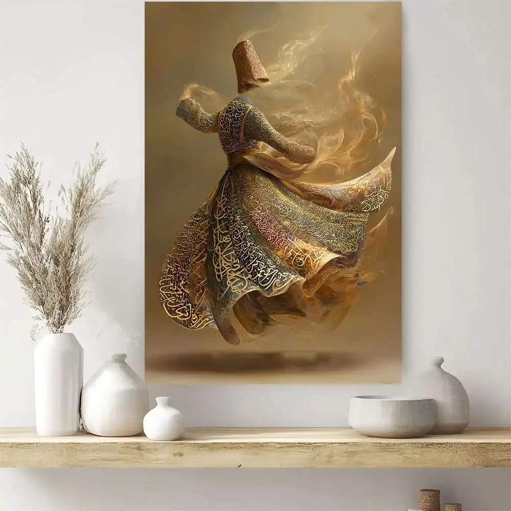 LTjiajuypd Image rotative unique d'un moine en robe calligraphique, toile murale avec motif islamique doré (70x110cm/sans cadre)