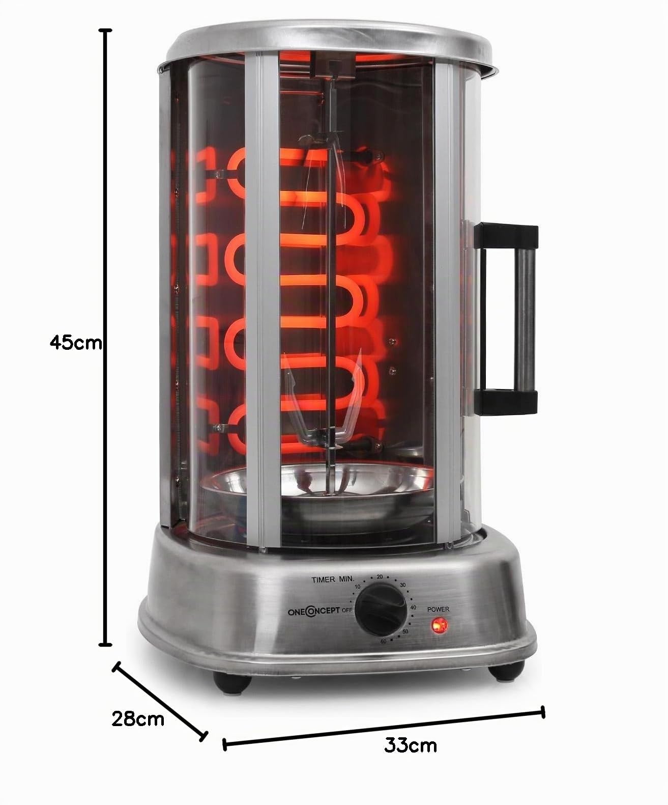 oneConcept Kebap Master Asador de Kebab Vertical, Parrilla para Gyros con Puerta Corredera de Cristal, Espetón Giratorio 360°, Acero Inoxidable, Asador Vertical para Casa