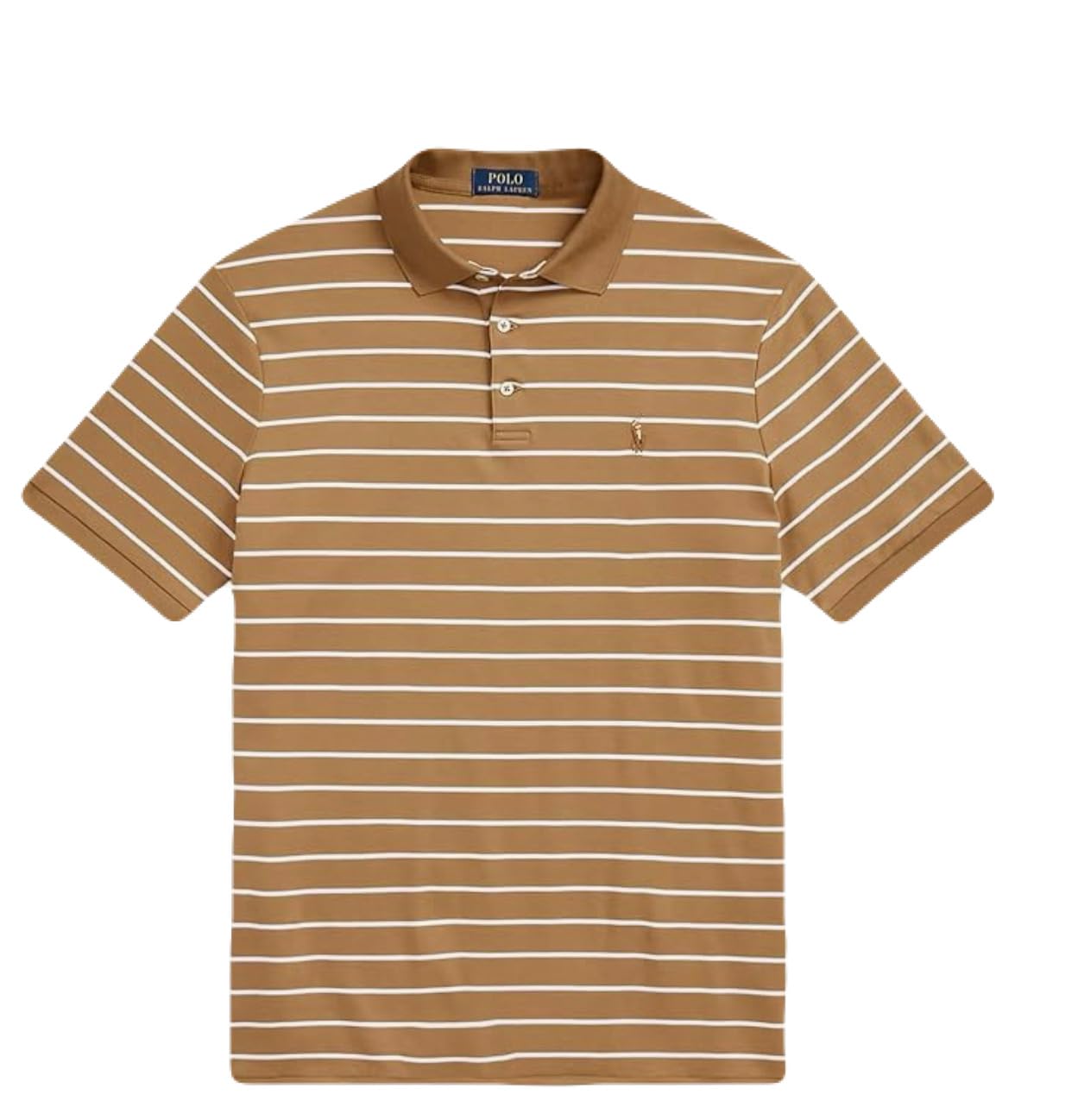 Mens Classic FIT Short Sleeve Soft Cotton Polo Shirt Camel White Stripe Large