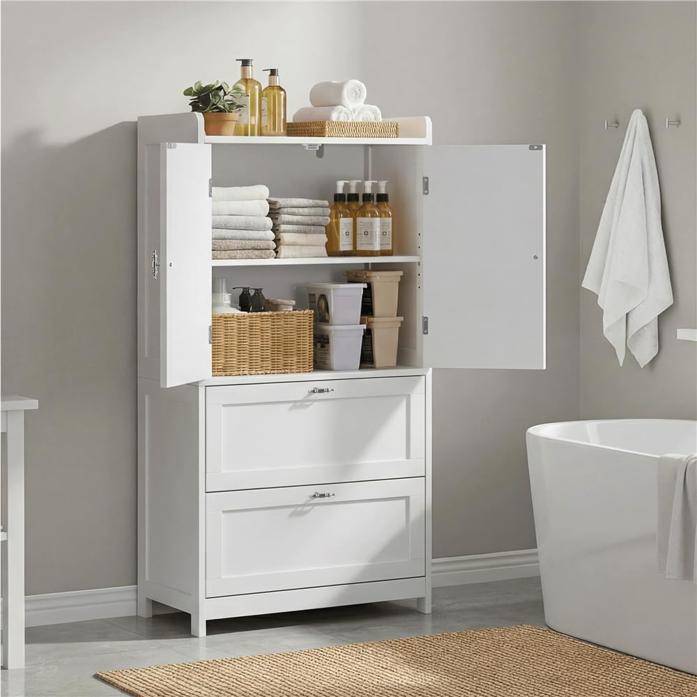 Yaheetech Mobile da Bagno Armadietto Autoportante in Legno Due Ante e Due Cassetti Ripiani Regolabili Mobiletto Bagno Multiuso per Soggiorno Salotto Cucina Sala da Pranzo 60x30x115 cm Bianco