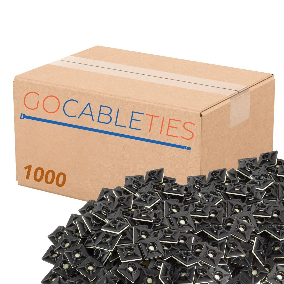 Gocableties 1,000 Pack of Black Cable Tie Bases - 19mm x 19mm (3/4") - Premium Adhesive Fixing Mounts