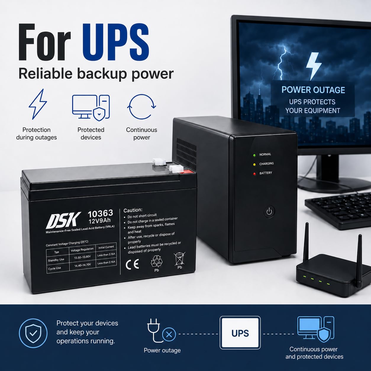 DSK Batterie AGM Plomb Étanche VRLA Haute Décharge 12V 9Ah Rechargeable sans Entretien pour UPS/Onduleur, Alarme et Sécurité - Compatible bornes F1/F2