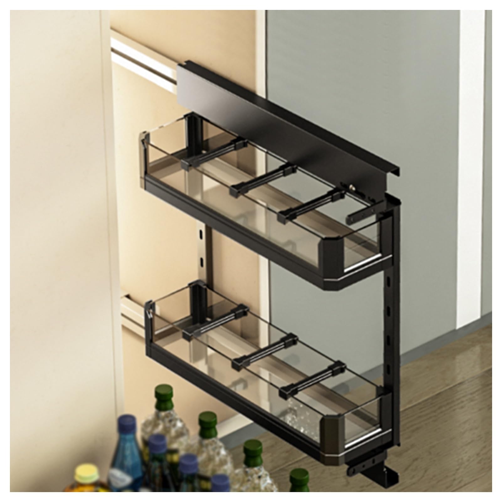 Scaffale portaoggetti estraibile per armadietto, altezza regolabile dello strato, organizer per armadio con partizioni, per cucina, dispensa, bagno, 214 x 480 x 2 livelli