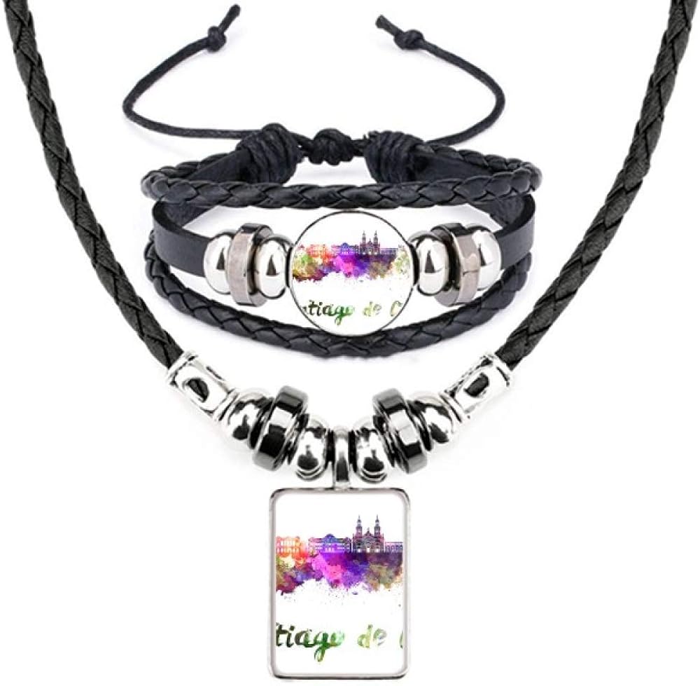 Santiago De Chile City Watercolor Leather Necklace Bracelet Jewelry Set
