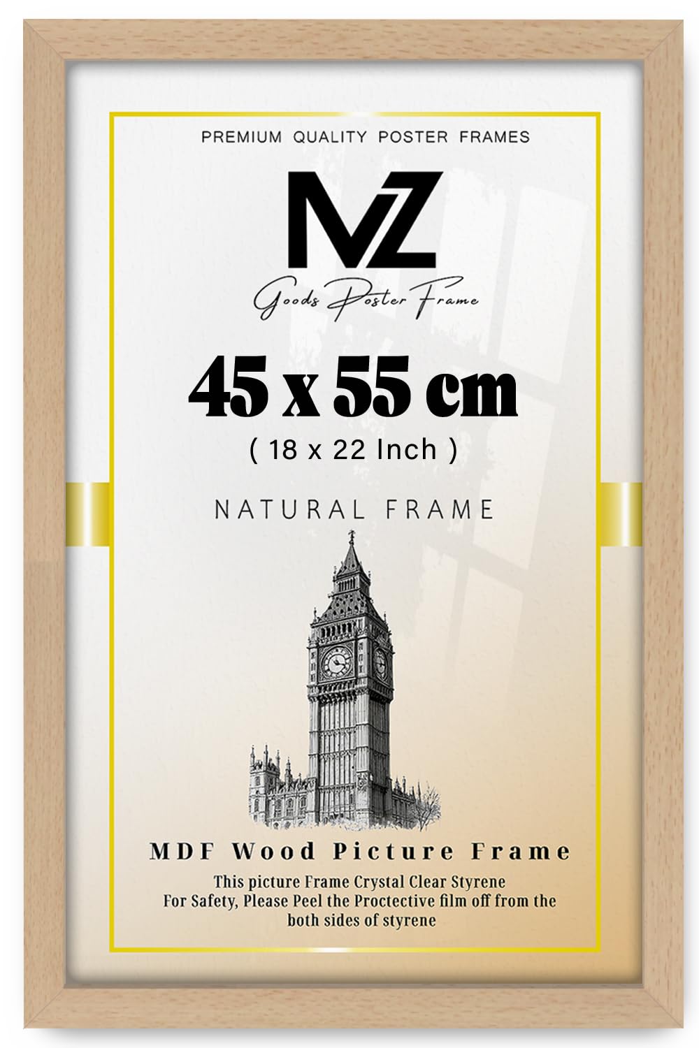 Mz Goods Beech | Mdf Poster Frame (45 X 55 Cm) 22" X 18" For Movie Posters, Sketch Art, Mdf Wood Finish, Secure Hanging Hooks For Display [ ]