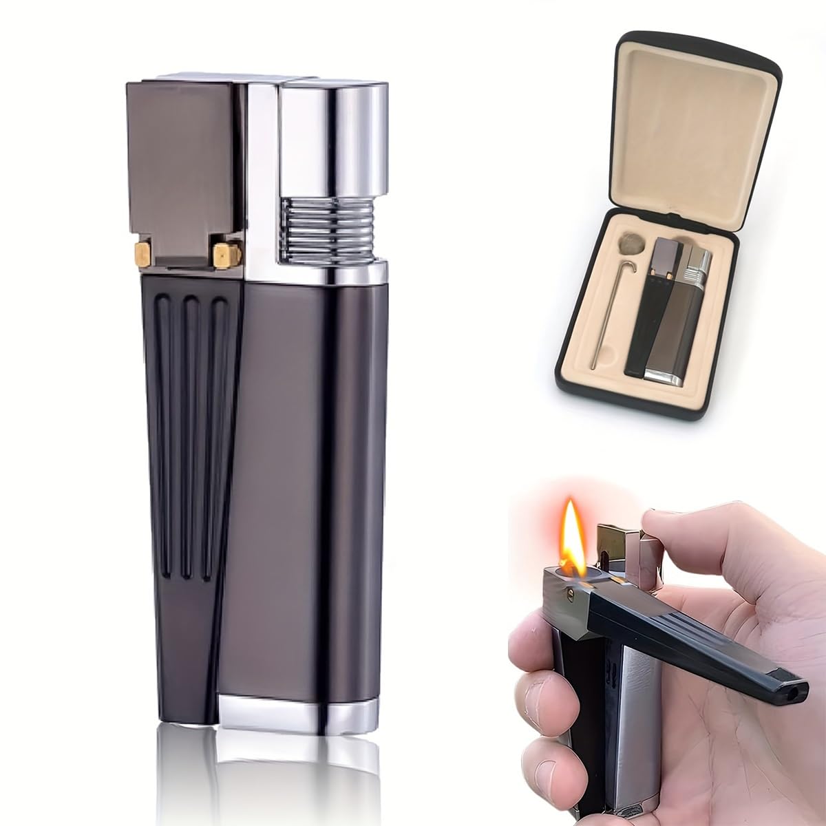 Encendedor metálico plegable 2 en 1 con caja de regalo de cuero miniatura 7