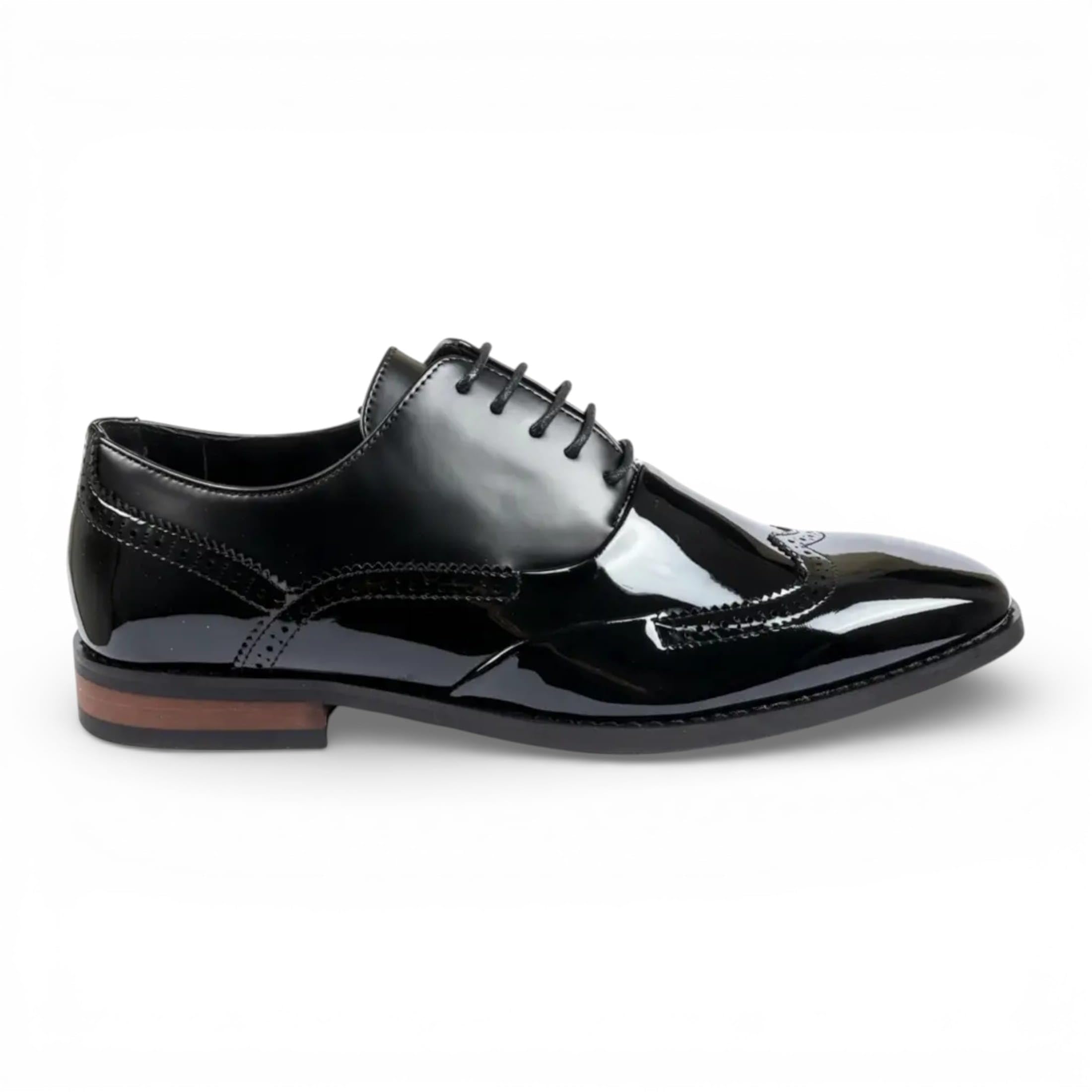Scarpe Eleganti Stringate Classiche Oxford da Uomo Dolcetto in Similpelle Verniciata Nera, Modello Brogue.