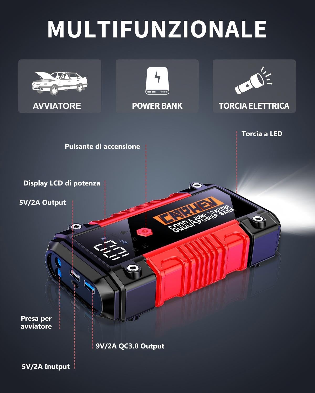 CARHEV Avviatore Batteria Auto, 6000A Avviatore di Emergenza per Auto(Fino a 10L Benzina/10L Diesel), 12V Booster Avviamento Autos, Starter Batteria Autos Portatile con Torcia a LED, Uscita USB Rapida