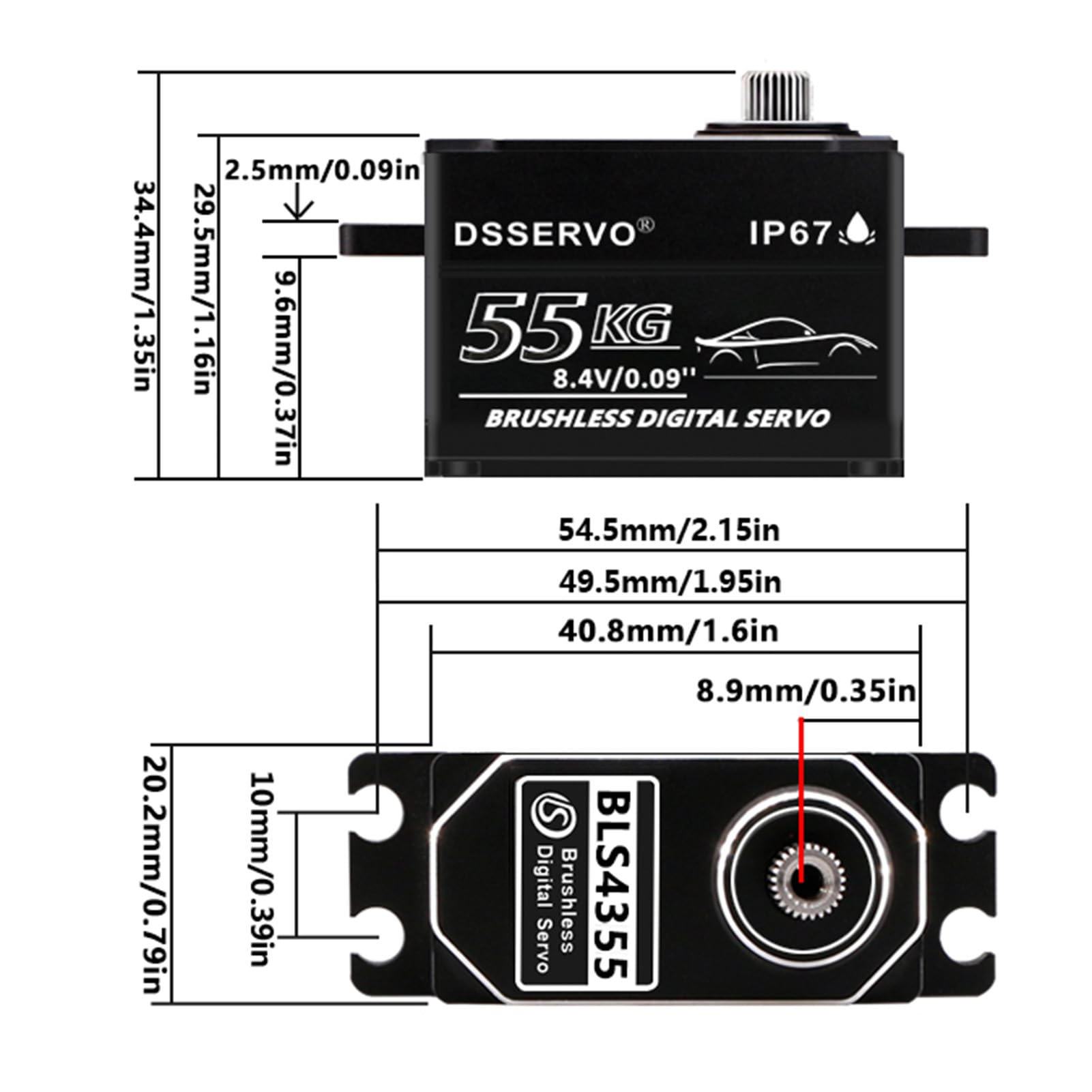 Servo sin escobillas de perfil bajo de 55 kg con 2 bocinas 25T de metal, IP67, impermeable, servo digital de alto par para coche RC de 1/8 1/10 1/12 1/14, 270°