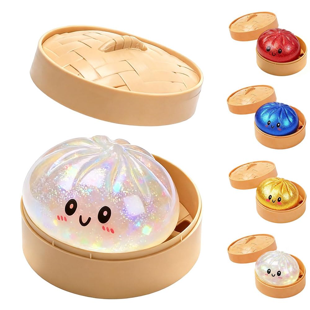 Glitter Dumpling Squishy Toy With Steamer Box, Cute Dumpling Squishies Stress Ball, Soft Squeeze Decompression Dough, Stretchy Sensory Anxiety Relief Fidget Toy for Kids and Adults