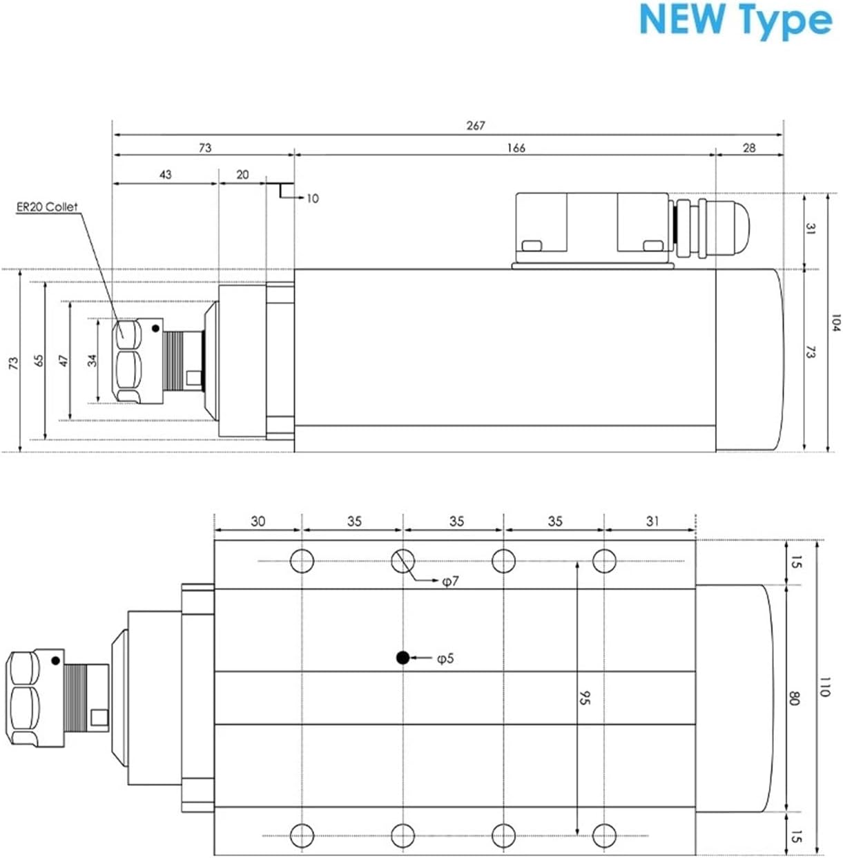 2.2kw ER20 air-cooled spindle kit, 4 bearings, precision 0.01mm, square, with flange and 2.2kw 220v inverter/VFD(Steel Bearings,220v)