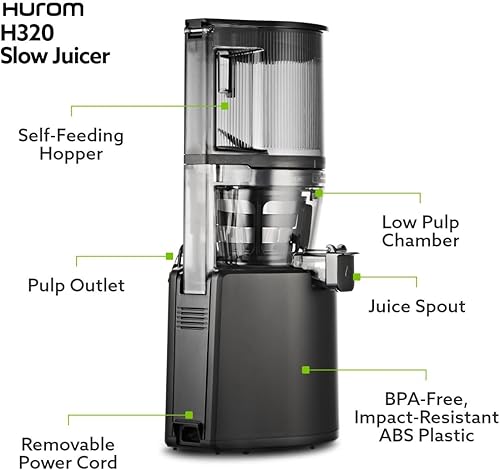Vista 8 de Hurom H320 Cold Press Juicer Machine, Easy to Clean Masticating Slow Juicer, Coarse Strainers, Self-Feeding, Hands Free, Family Size, Quiet Motor