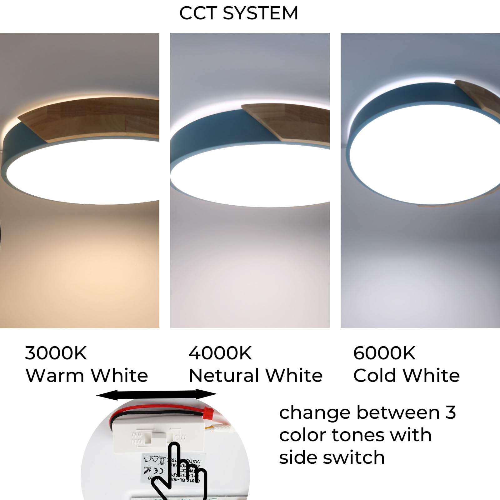 Alpinaluz Plafón LED Ø40 cm Azul y Madera – 30W con CCT Ajustable (3000K/4000K/6000K) – Diseño Nórdico Moderno en Metal y Madera para Salón, Dormitorio u Oficina