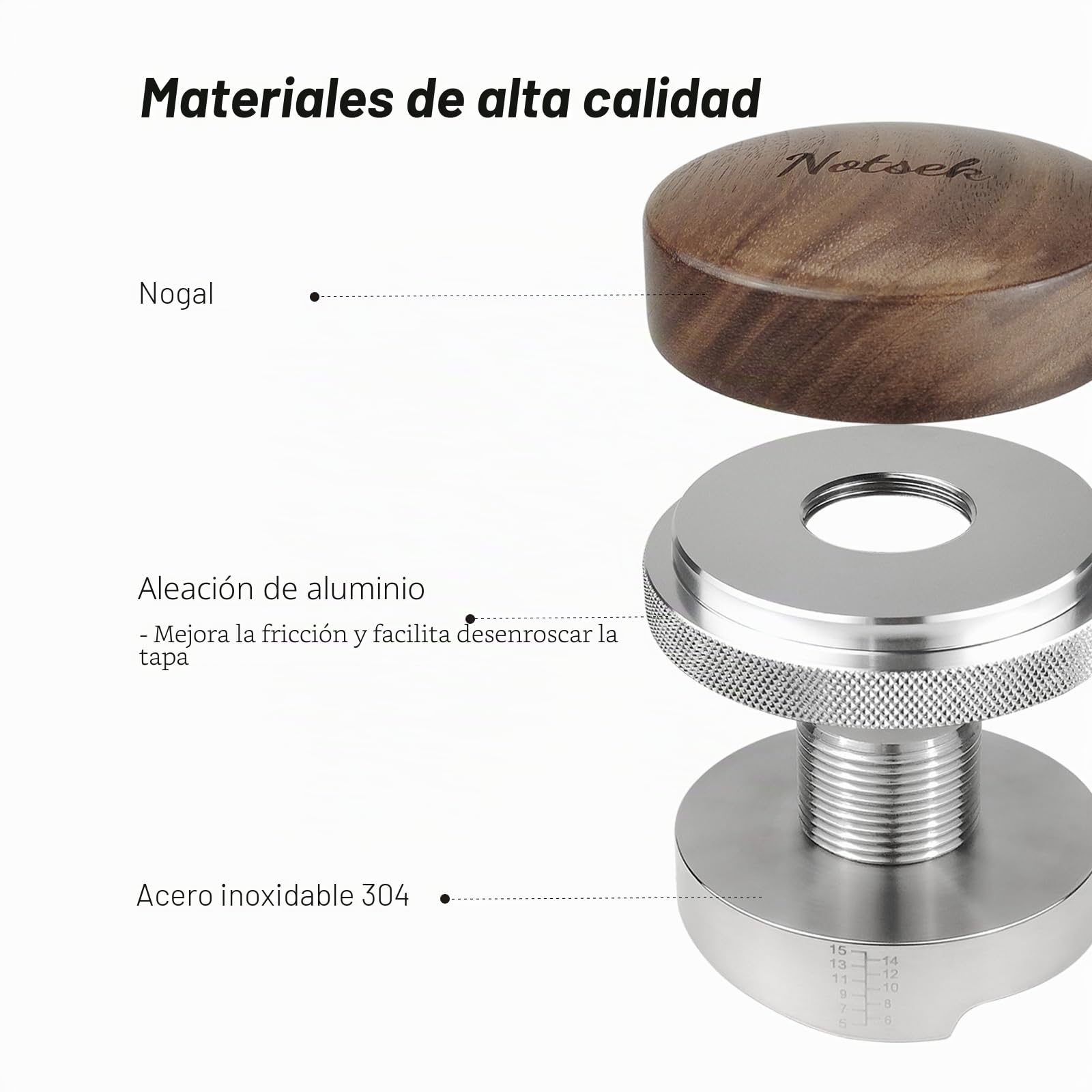 NOTSEK Distribuidor de café de 51 mm, herramienta de distribución de café de nogal para portafiltro de 51 mm, nivelador de café ajustable en altura para accesorios de barista