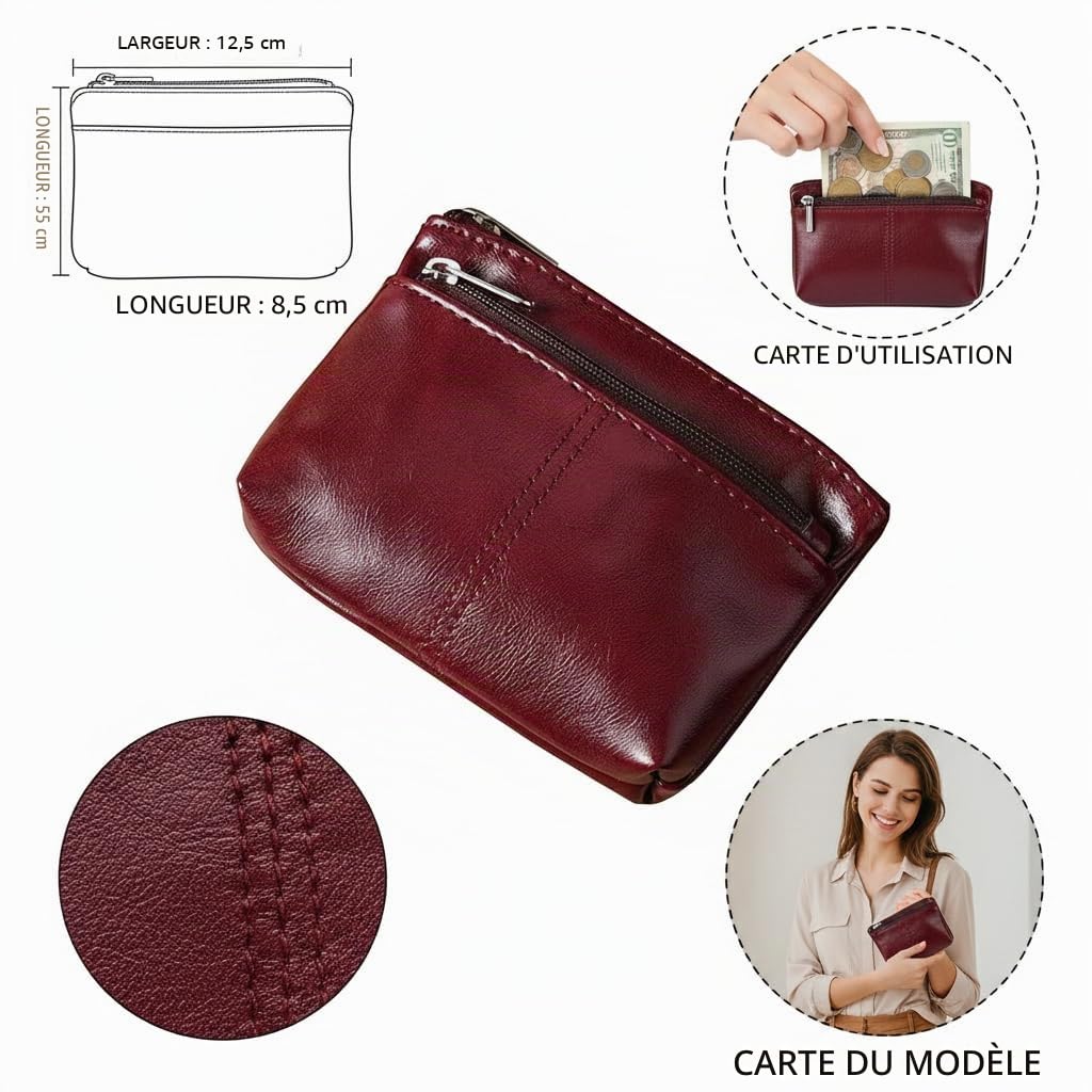 Porte-monnaie en cuir ciré avant et arrière avec fermeture éclair, sac de rangement portable pour pièces et cartes de crédit, convient aux hommes et aux femmes, résistant à l'usure et durable, doux au