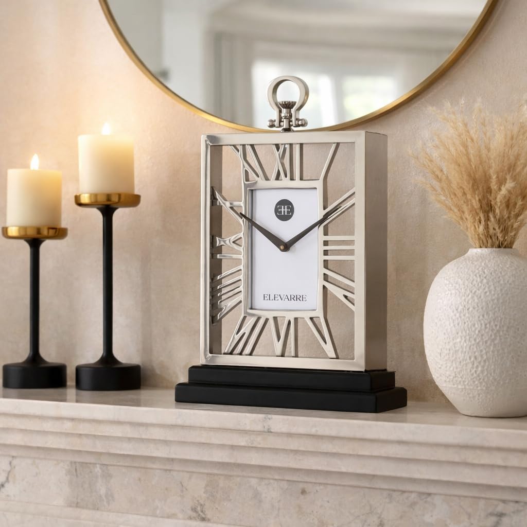 Elegant Rectangle Clock for Home Living Room Decor - Modern Metal and Glass Desk Clock with Roman Numerals for Office, or Mantel Display - Decorative Table Accent for Consoles - 17", Silver & Black